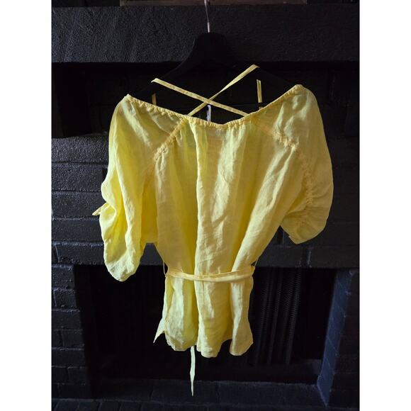 120% LINO Lemonade Yellow Linen Tie Waist Lightweight Blouse size xs 40 - Picture 7 of 7